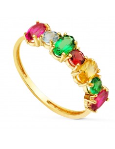 18K SORTIJA ORO AMARILLO 7 CIRCONITA DE COLORES EN GARRAS TALLA OVAL Y REDONDA