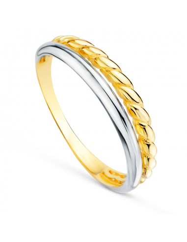 18K SORTIJA ORO BICOLOR DOBLE BANDA LISA Y RELIADA. ANCHO: 4MM