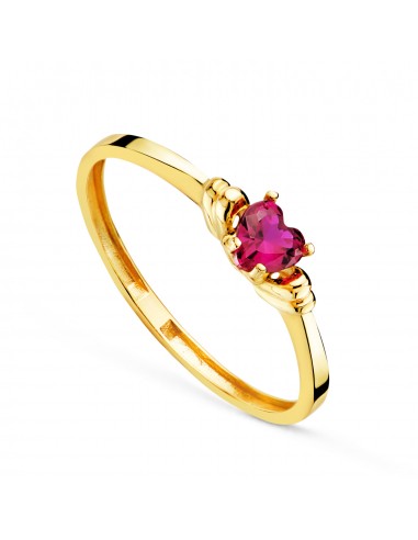 18K SORTIJA ORO AMARILLO CORINDON RECONSTRUIDO CORAZON RUBI 4X4 MM CON GALLONES. C. AMOR