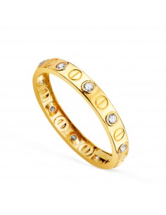 18K SORTIJA ORO AMARILLO CIRCONITAS Y MOTIVO DE TORNILLOS EN BRILLO. ANCHO: 3 MM