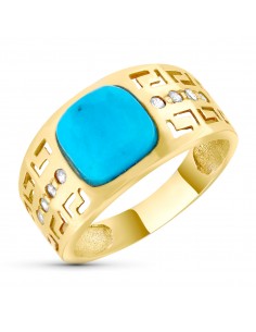 18K SORTIJA ORO AMARILLO GRECA CALADA Y TURQUESA FINA. ANCHO: 10 5MM