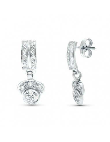 18K PENDIENTES ORO BLANCO JUEGO NOVIA DOS CUERPOS CIRCONITA 20X9 MM PRESION