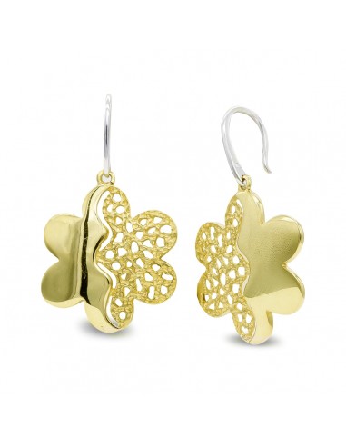 18K PENDIENTES ORO BICOLOR LARGOS FLOR CIERRE GANCHO