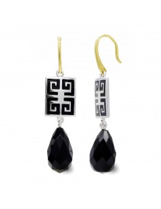 18K PENDIENTES ORO BICOLOR ONIX PERA CIERRE GANCHO