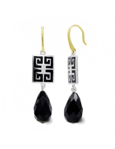 18K PENDIENTES ORO BICOLOR ONIX PERA CIERRE GANCHO
