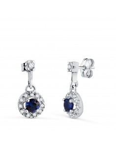 18K PENDIENTES ORO BLANCO DOS CUERPOS CON CIRCONITAS Y ZAFIRO. 14 5 X 7 MM. CIERRE PRESION