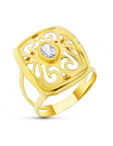 18K SORTIJA ORO AMARILLO MOTIVO CALADO CON CIRCONITA AGUAMARINA. ANCHO: 21 MM