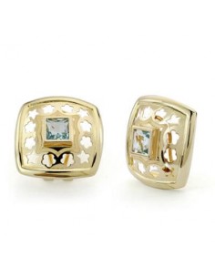 18K PENDIENTES ORO AMARILLO AGUA MARINA 5MM CALADO CIERRE OMEGA