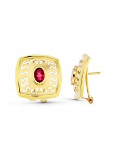 18K PENDIENTES ORO AMARILLO PIEDRA OVAL CALADO CIERRE OMEGA