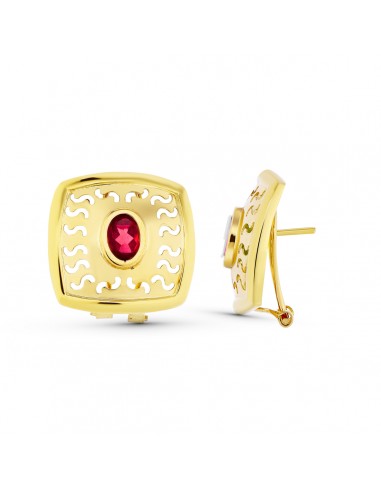 18K PENDIENTES ORO AMARILLO PIEDRA OVAL CALADO CIERRE OMEGA