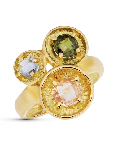 18K SORTIJA ORO AMARILLO TRES MOTIVOS REDONDOS CON CIRCONITAS COLORES. ANCHO: 17 5 MM