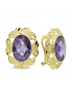 18K PENDIENTES ORO AMARILLO PIEDRA OVAL AMATISTA 14X10 MM CIERRE OMEGA