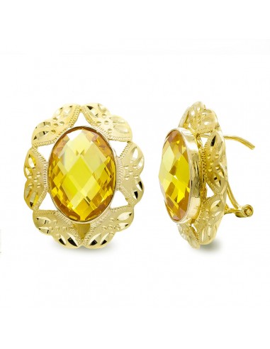 18K PENDIENTES ORO AMARILLO PIEDRA OVAL TOPACIO 14X10 MM CIERRE OMEGA