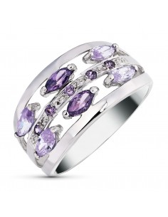 18K SORTIJA ORO BLANCO CALADA CON CIRCONITAS MORADAS Y MALVA. ANCHO: 11 MM