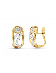 18K PENDIENTES ORO AMARILLO CIRCONITA Y DELFIN 15X8 MM CIERRE CATALAN