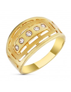 18K SORTIJA ORO AMARILLO CALADA Y MATIZADA CON CIRCONITAS. ANCHO: 12 MM