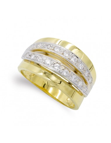 18K SORTIJA ORO BICOLOR MACIZA CON BANDAS DE CIRCONITAS. ANCHO: 12 MM