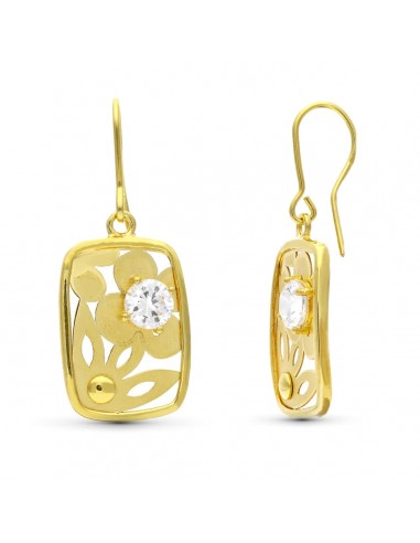 18K PENDIENTES ORO AMARILLO FLOR LASER CON CIRCONITA 22X14 MM CIERRE GANCHO