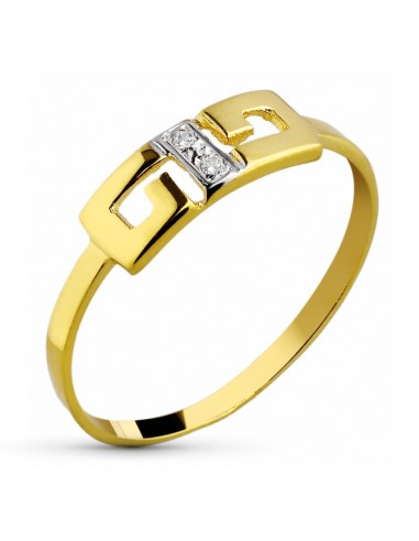 18K SORTIJA ORO BICOLOR CON MOTIVO CALADO GRECA Y CIRCONITAS. ANCHO: 4 5 MM