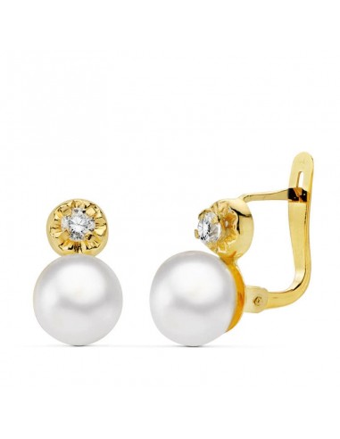 18K PENDIENTES ORO AMARILLO PERLA Y CIRCONITA 11X7 MM CIERRE CATALAN