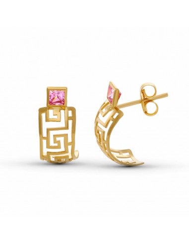 18K PENDIENTES ORO AMARILLO GRECA CIRCONITA CUADRADA 15X6 MM CIERRE PRESION