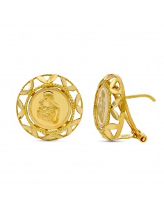 18K PENDIENTES ORO AMARILLO MADRE REDONDOS 16X16 MM CIERRE OMEGA