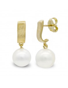 18K PENDIENTES ORO AMARILLO RAYADO Y PERLA 10 MM CIERRE PRESION