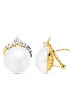 18K PENDIENTES BICOLOR PERLA JAPONESAS 14 MM CIERRE OMEGA