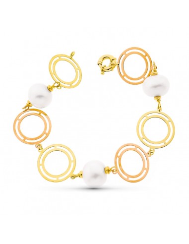 18K PULSERA ORO 21CM BICOLOR ORO AMARILLO Y ROSA Y PERLA CULTIVADAS 15 MM