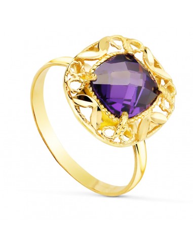18K SORTIJA ORO AMARILLO CIRCONITA AMATISTA EN CERCO TALLADO. MEDIDA: 14X14 MM
