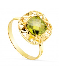 18K SORTIJA ORO AMARILLO CIRCONITA VERDE OLIVA EN CERCO TALLADO. MEDIDA: 14X14 MM