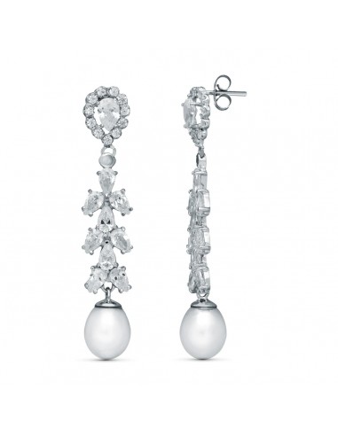 18K PENDIENTES NOVIA DOS CUERPOS PERLA CULTIVADA ORO BLANCO 47X8 MM PRESION