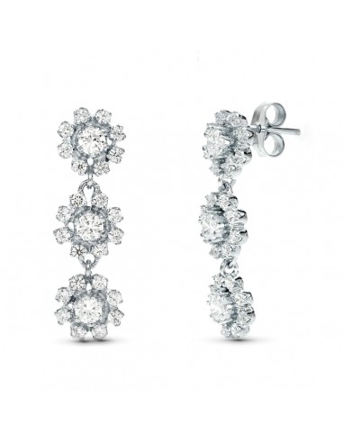 18K PENDIENTES ORO BLANCO JUEGO NOVIA LARGOS TRES CUAJOS 25X8 MM CIERRE PRESION