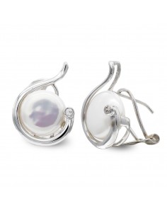 18K PENDIENTES ORO BLANCO PERLA BOTON 10 MM CIERRE OMEGA