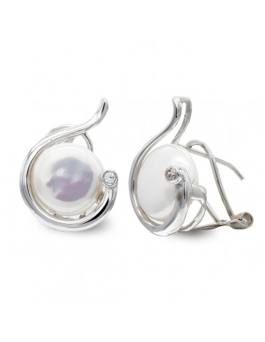18K PENDIENTES ORO BLANCO PERLA BOTON 10 MM CIERRE OMEGA