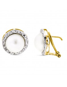 18K PENDIENTES ORO BICOLOR PERLA JAPONESA NATURAL 10 MM CIERRE OMEGA