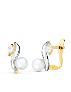 18K PENDIENTES ORO BICOLOR BANDAS Y PERLA DE 4.5 MM MEDIDA 10X7 MM CATALAN