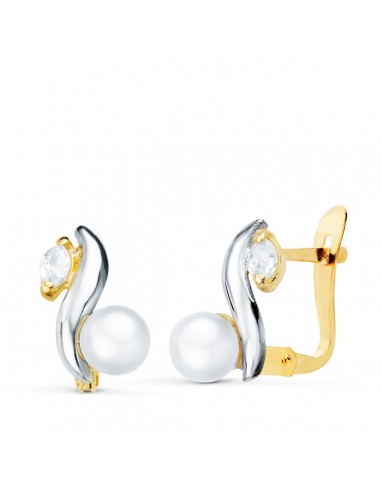 18K PENDIENTES ORO BICOLOR BANDAS Y PERLA DE 4.5 MM MEDIDA 10X7 MM CATALAN