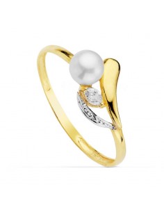 18K SORTIJA ORO BICOLOR CON PERLA 4 5 MM Y CIRCONITAS. ANCHO: 8 5 MM