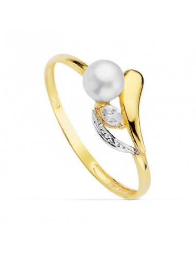 18K SORTIJA ORO BICOLOR CON PERLA 4 5 MM Y CIRCONITAS. ANCHO: 8 5 MM