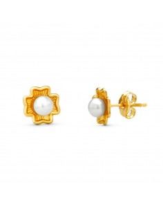 18K PENDIENTES ORO AMARILLO TREBOL PERLA 7X7 MM CIERRE PRESION