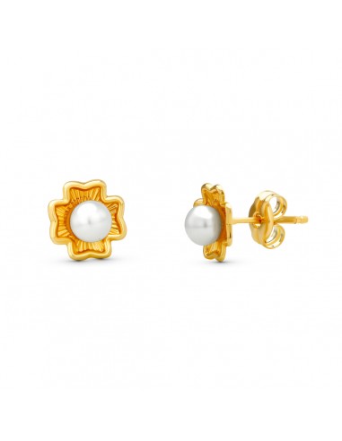 18K PENDIENTES ORO AMARILLO TREBOL PERLA 7X7 MM CIERRE PRESION