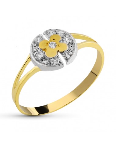 18K SORTIJA ORO BICOLOR MACIZA MOTIVO REDONDO CON FLOR Y CIRCONITAS. ANCHO: 8 MM