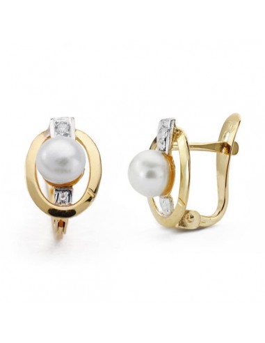 18K PENDIENTES ORO BICOLOR COMUNION PERLA CIRCONITA 10X7 MM CIERRE CATALAN