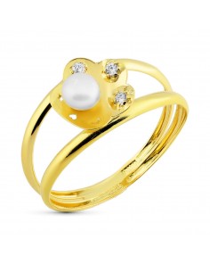 18K SORTIJA ORO BICOLOR DOBLE CUERPO FLOR CON PERLA 4 MM Y CIRCONITAS. ANCHO: 9 MM