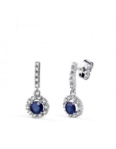 18K PENDIENTES ORO BLANCO ZAFIRO 4MM - 0 66 QTES Y CIRCONITAS. 18 X 7 5 MM. CIERRE PRESION