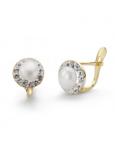 18K PENDIENTES ORO BICOLOR COMUNION PERLA Y CIRCONITA 8 MM CIERRE CATALAN