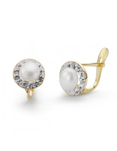 18K PENDIENTES ORO BICOLOR COMUNION PERLA Y CIRCONITA 8 MM CIERRE CATALAN