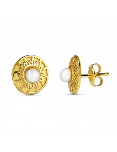 18K PENDIENTES ORO AMARILLO REDONDOS 9 MM PERLITA 3 MM CIERRE PRESION