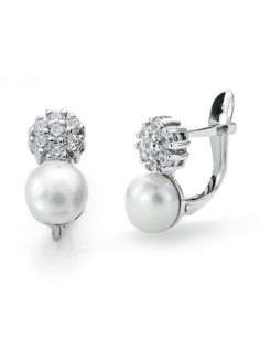 18K PENDIENTES ORO BLANCO PERLA-CIRCONITA 12X6 MM CIERRE CATALAN